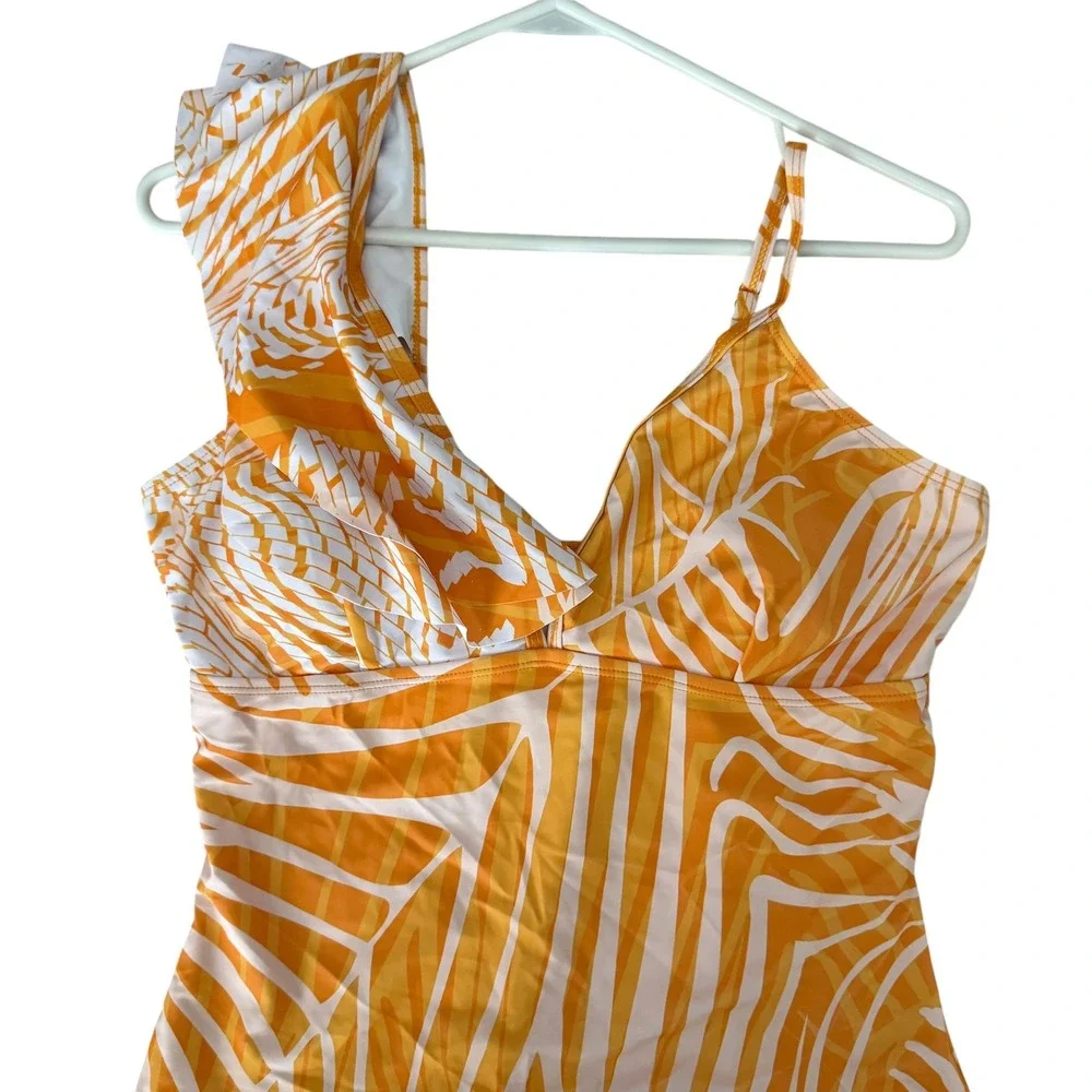 Florentine Swimsuit Set Womens L Orange New Palm Leaf Ruffle One Piece Sarong